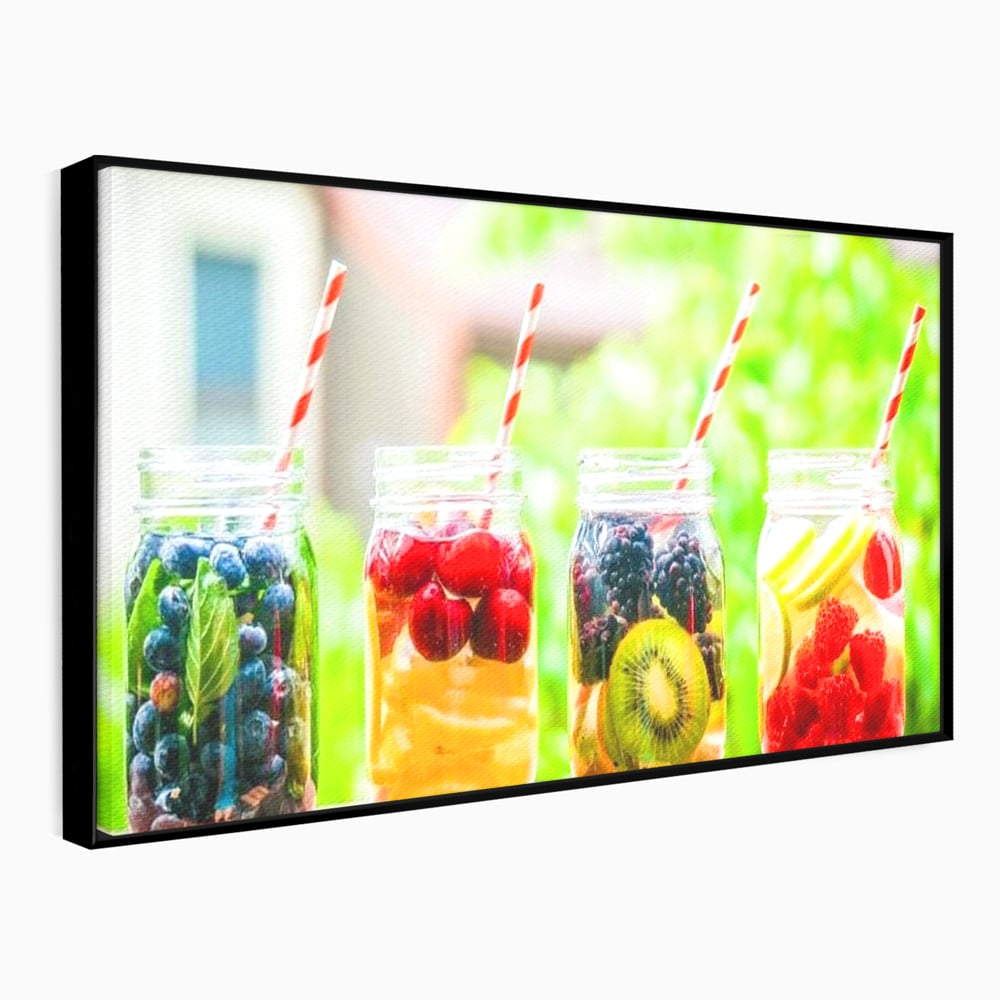 Tablou canvas cu patru borcane cu limonada de fructe, in rama de aluminiu negru